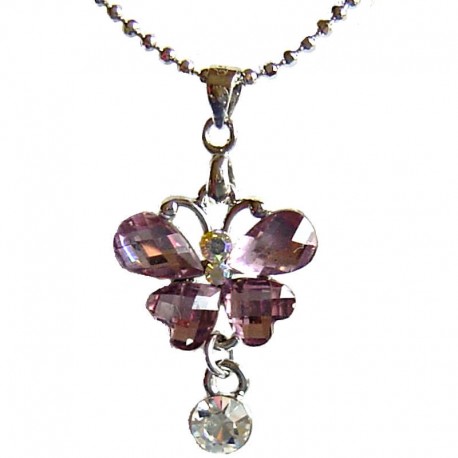 Cute Costume Jewellery Accessories, Fashion Women Teenage Teen Girls Small Gift, Lilac Diamante Butterfly Drop Pendant Necklace