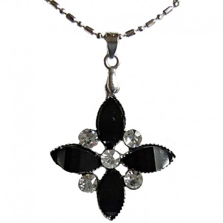 Cute Costume Jewellery Accessories, Fashion Women Teenage Teen Girls Small Gift, Black Diamante Lozenge Flower Pendant Necklace