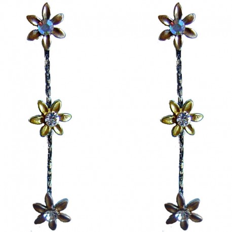 Simple Costume Jewellery Accessories, Fashion Women Girls Small Gift, Three Brown Enamel Marigold Flower Linear Drop Earrings