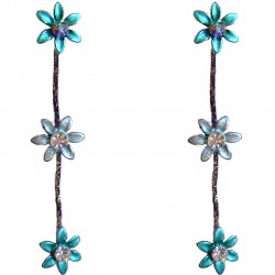 Simple Costume Jewellery Accessories, Fashion Women Girls Small Gift, Three Blue Enamel Marigold Flower Linear Drop Earrings