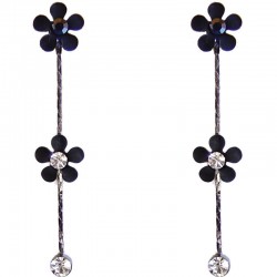 Black Enamel Daisy Flower Clear Diamante Drop Earrings