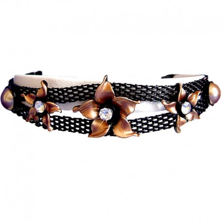 Costume Jewellery Accessoies, Fashion Women Girls Cute Small Gift, Brown Enamel Flower Black Mesh Fashion Bracelet