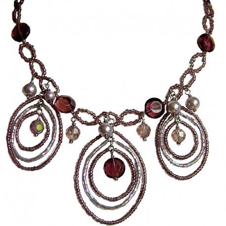 Handcrafted Bead Costume Jewellery Accessories, Fashion Women Gift, Dusky Purple Beaded Triple Teardrop Loop Statement Necklace