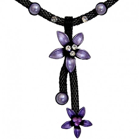 Chic Costume Jewellery Accessoies, Women Girls Cute Small Gift, Purple Two Flower Black Mesh Fashion Drop Necklace