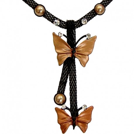 Chic Costume Jewellery Accessoies, Women Girls Cute Small Gift, Brown Two Butterfly Black Mesh Fashion Drop Necklace