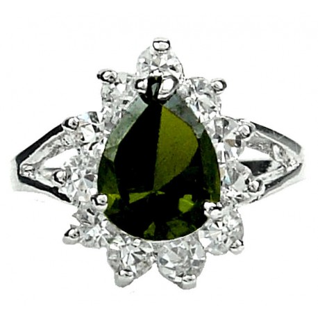 Green Pear Shaped Rhinestone Teardrop Halo Clear Diamante Cluster Dress Ring