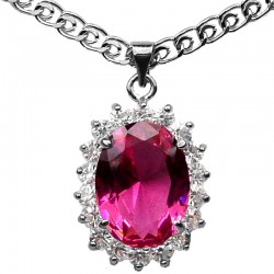 Women Girl Fashion Necklaces, Jewellery Costume Pendants, Hot Pink Oval Rhinestone Clear Diamante Halo Cluster Pendant Necklace