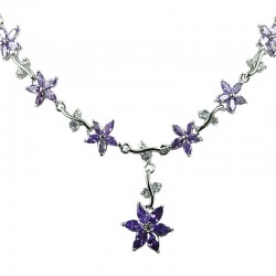 Bridal Necklaces, Wedding Jewellery, Women Fashion Jewelry UK, Purple Cubic Zirconia CZ Crystal Flower Dress Necklace