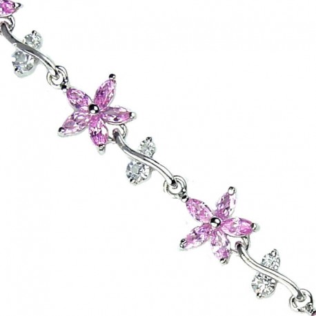 Wedding Costume Jewellery, Pink Cubic Zirconia CZ Crystal Flower Fashion Dressy Tennis Bracelet