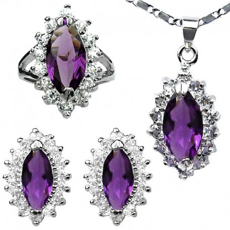 Purple Fashion Jewellery Sets, Women Costume Jewellery Set, Marquise Teardrop Halo Cluster Pendant Necklace Earrings Ring Set
