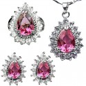 Pink Teardrop Halo Cluster Pendant Necklace Earrings Ring Jewellery Set