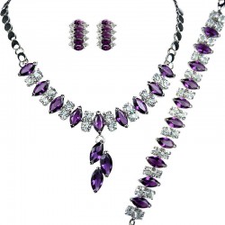 Costume Purple Jewelry Sets, Fashion Gifts, Teardrop Rhinestone Clear Diamante Dress Jewellery Necklace Bracelet Earrings Set