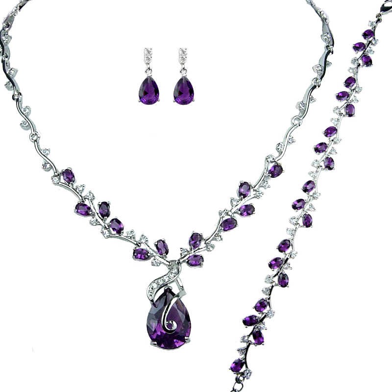 Zx79 Floral Tyrian Purple Iridescent Diamante Silver Necklace/earrings Set