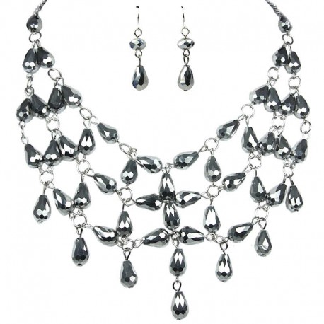 Beaded Costume Jewellery Set, Fashion Jewellery Sets, Silver Teardrop Glass Bead Bib Statement Necklace Earrings Set