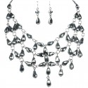 Silver Teardrop Glass Bead Bib Statement Necklace Earrings Set