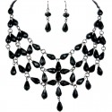 Jet Black Teardrop Glass Bead Bib Statement Necklace Earrings Set