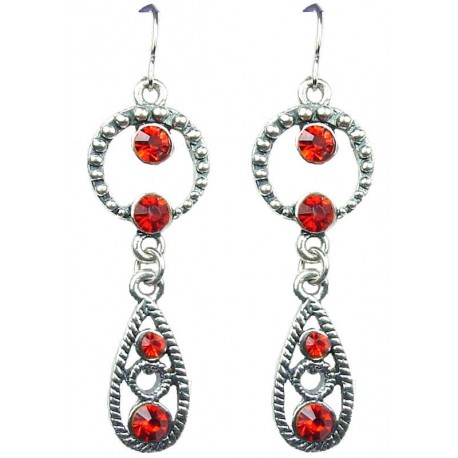 Chic Costume Jewellery, Red Diamante Circle Loop Teardrop Fashion Drop Earrings