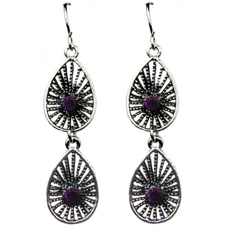 Chic Costume Jewellery, Purple Diamante Triple Teardrop Linear Long Drop Fashion Earrings