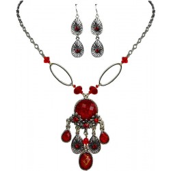 Ruby Red Oval Rhinestone Clear Diamante Dress Jewellery Necklace Bracelet Earrings Set