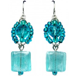 Women Costume Jewellery, Chic Blue Venetian Glass Square Bead Drop Fashion Earrings