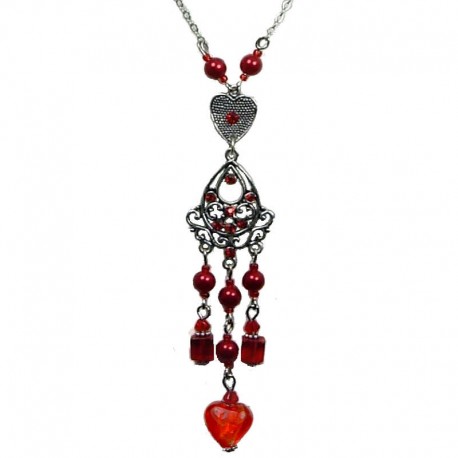 Costume Jewellery, Fashion Red Heart Glass Bead Tassel Drop Long Necklace