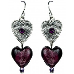 Handmade Beaded Costume Jewellery, Fashion Purple Murano Glass Heart Bead Drop Earrings