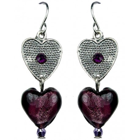 Handmade Beaded Costume Jewellery, Fashion Purple Murano Glass Heart Bead Drop Earrings