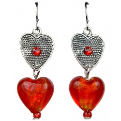 Beaded Costume Jewellery, Fashion Handmade Red Murano Glass Heart Bead Drop Earrings
