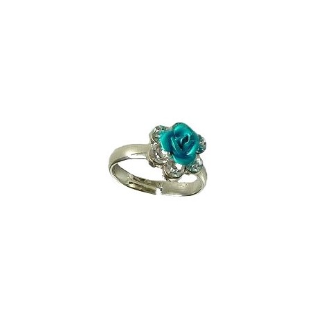 Cheap Costume Jewellery, Fashion Women Girls Dainty Small Gifts, Clear Diamante Blue Metal Rose Flower Ring