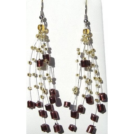 Floating Brown Pearl Gold Bead Illusion Multi Strand Earrings