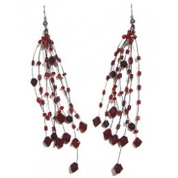 Handcrafted Beaded Costume Jewellery, Fashion Women Gift, Red Floating Bead Illusion Multi Strand Earrings