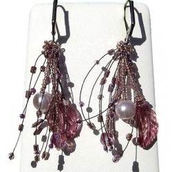 Handcrafted Beaded Costume Jewellery, Fashion Women Gift, Purple Leaf Floating Bead Multi Strand Cascade Earrings