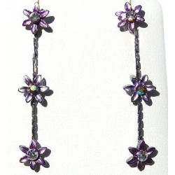 Simple Costume Jewellery Accessories, Fashion Women Girls Small Gift, Three Purple Enamel Marigold Flower Linear Drop Earrings