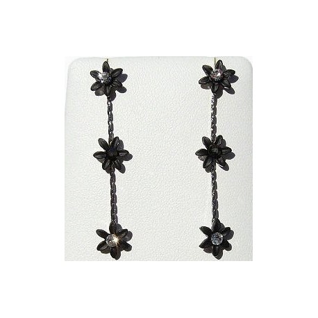 Simple Costume Jewellery Accessories, Fashion Women Girls Small Gift, Three Black Enamel Marigold Flower Linear Drop Earrings