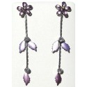 Purple Enamel Flower Leaf Drop Earrings