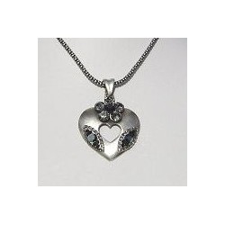Costume Jewellery Accessories, Fashion Women Girls Small Gift, Black Diamante Flower Burnished Silver Heart Pendant Necklace