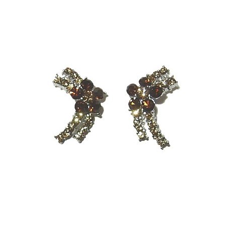 Costume Jewellery Big Earring Studs Gifts, Women Wedding Party Dress Accessories, Brown Diamante Flower Moon Large Stud Earrings