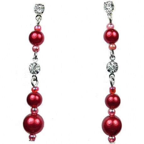 Classic Costume Jewellery, Red Pearl Clear Diamante Linear Fashion Drop Earrings