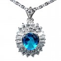 Blue Oval Cubic Zirconia Clear Tapered Baguette Cut CZ Cluster Halo Pendant Chain Necklace