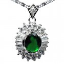Emerald Green Oval Cubic Zirconia Clear Tapered Baguette Cut CZ Cluster Halo Pendant Chain Necklace