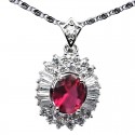 Fuchsia Pink Oval Cubic Zirconia Clear Tapered Baguette Cut CZ Cluster Halo Pendant Chain Necklace