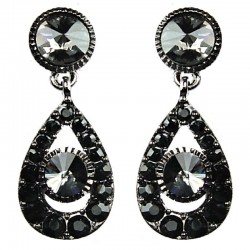 Dressy Costume Jewellery, Smokey Grey Rhinestone Black Diamante Open Fashion Teardrop Earrings