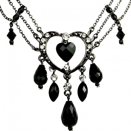 Chioc Costume Jewellery, Fashion Black Open Heart Rhinestone Bead Cascade Teardrop Drop Necklace