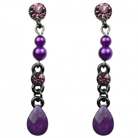 Chic Fashion Jewellery, Purple Teardrop Rhinestone Costume Pearl Linear Drop Earrings