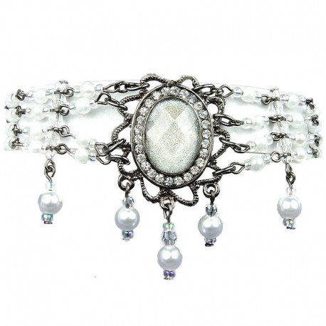 Statement Costume Jewellery, White Oval Rhinestone Waterfall Pearl Bead Fashion Bracelet