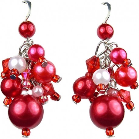 Chic Costume Jewellery, Red Illusion Fashion Pearl Cluster Dangle Earrings