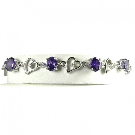 Purple Oval Diamante Silver Open Heart Link Tennis Bracelet