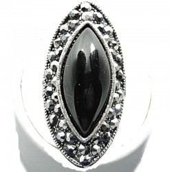 Bold Big Statement Costume Jewellery, Black Large Onyx Teardrop Cabochon Marcasite Fashion Cocktail Ring