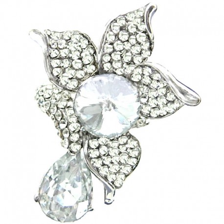 Bib Chic Costume Jewellery, Clear Diamante Rhinestone Large Flower Fashion Statement Ring