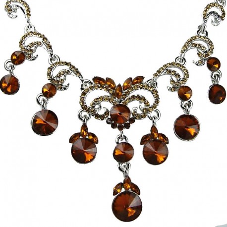 Bridal Costume Jewellery, Wedding Gift, Brown Rhinestone Wave Waterfall Cascade Statement Dress Necklace